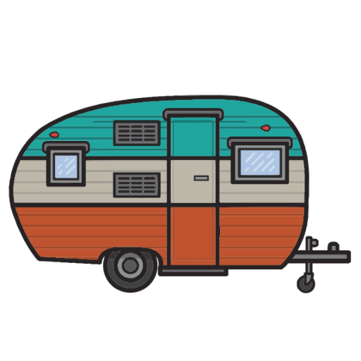 A camper trailer with a small window on the side.