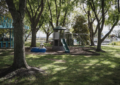 A park with trees and swings in the background.